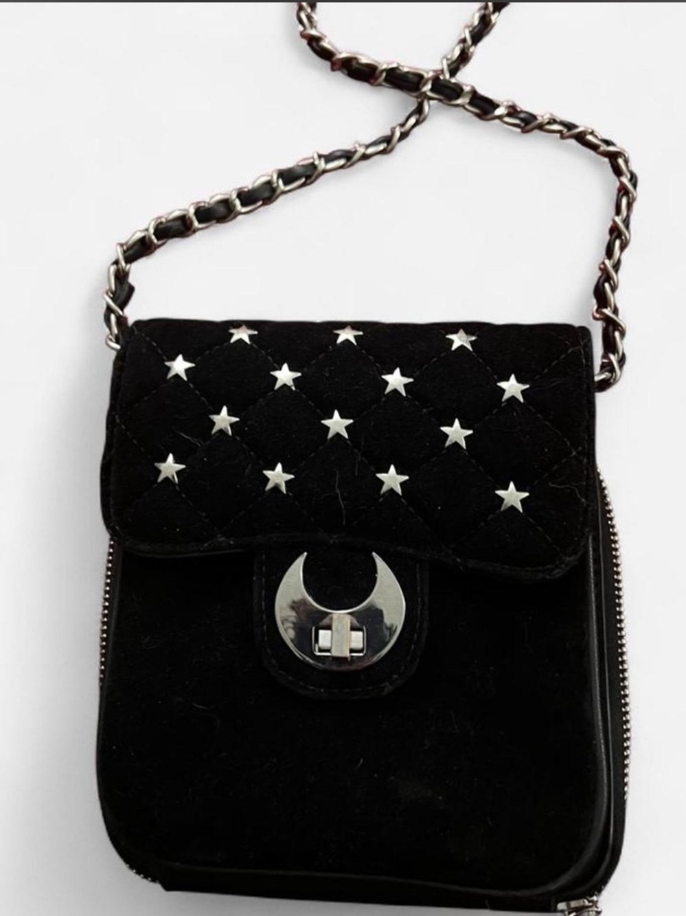 Velvet Star-Stud Crossbody with Silver Chain and Crescent Lock